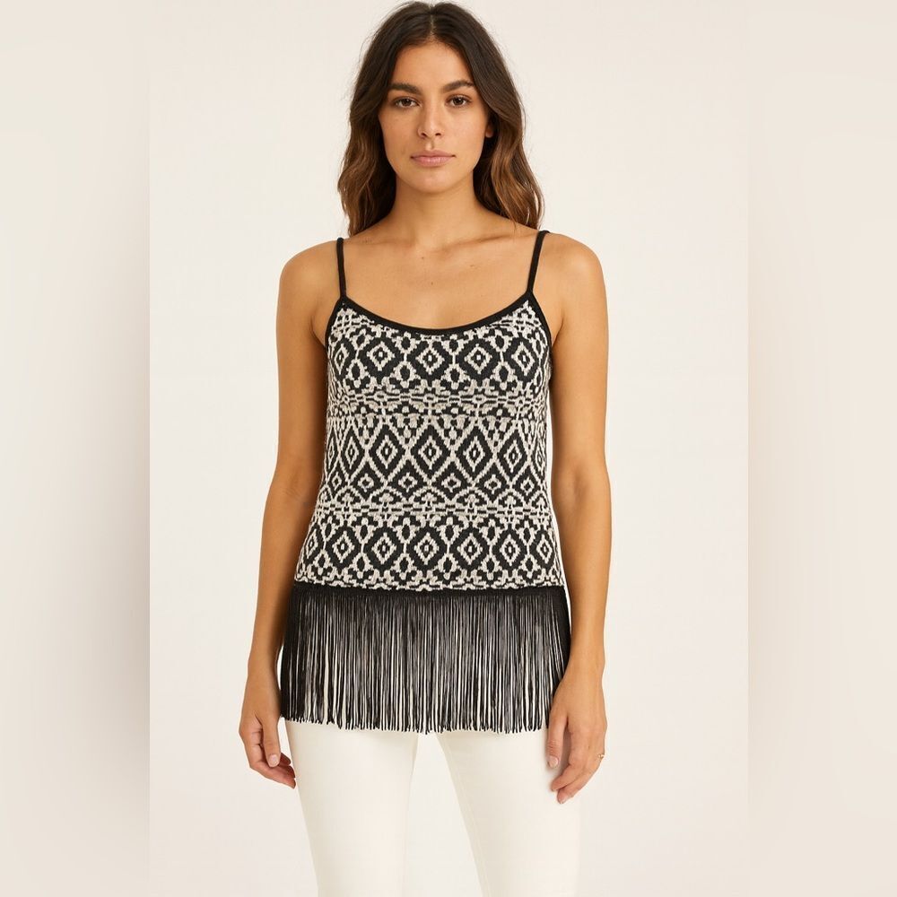 Freeway Black & White Tribal Fringe Tank Top Boho Festival Style sz M